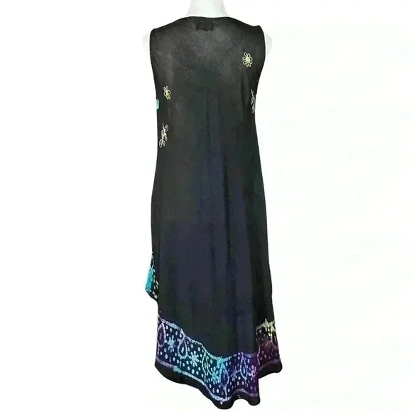 Boho Black Colorful Embroidered Semi Sheer Dress. Made in India. One Size. - Picture 6 of 12